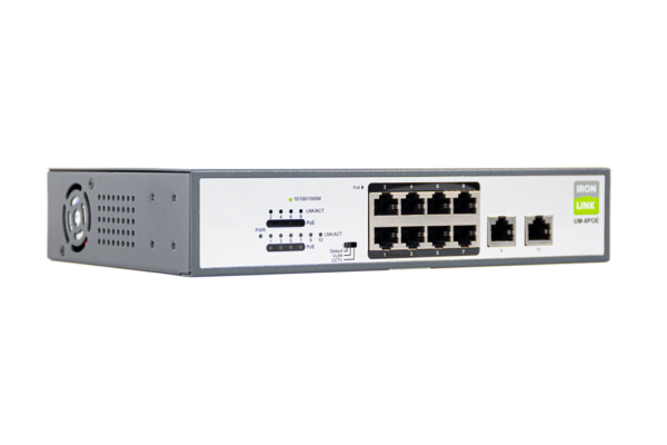 IronLink® 8 Port Full-Gigabit Multi Functional PoE Switch, front view at 45 degree angle showing ports