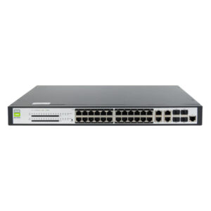 IronLink® 24 Port PoE+ Managed Switch, IL-M2528-24P, front view angled down to show top of switch and ports