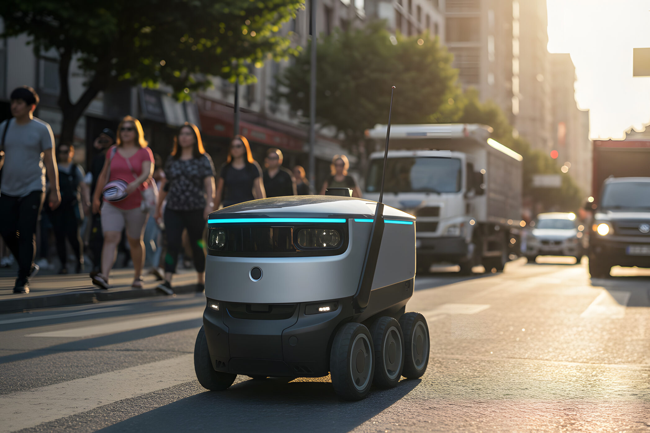 Future Delivery: A cutting-edge delivery robot navigates a bustling city street, showcasing the evolving landscape of urban logistics and the fusion of technology and daily life.